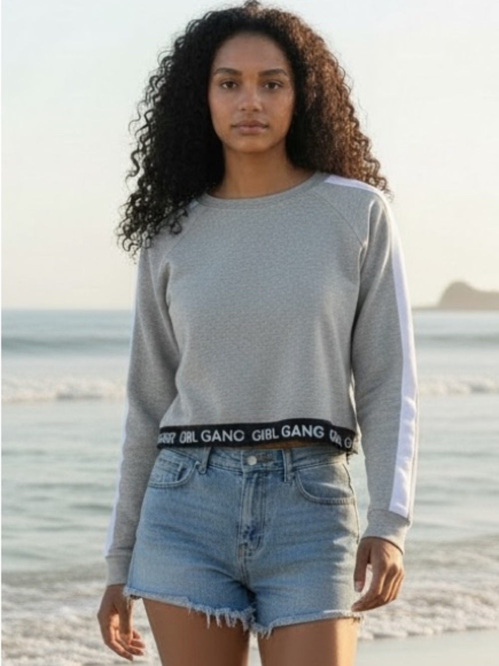 Girl Gang Gray Cropped Crewneck Sweatshirt with White Sleeve Stripes